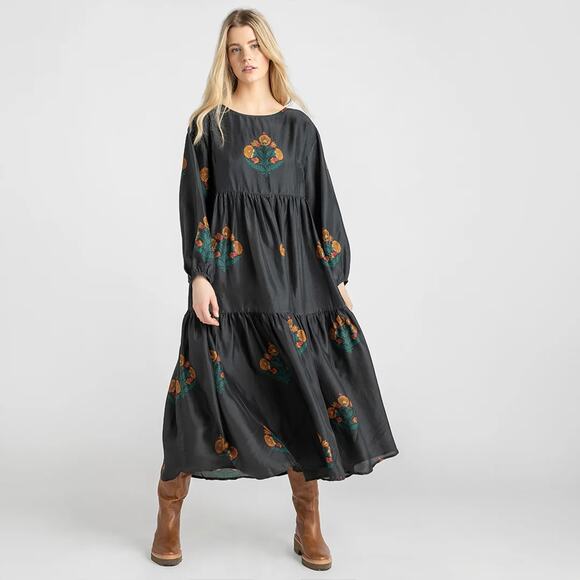 Pink Chicken Maisonette Silk Kelly Tiered Maxi Dress Black Bellflower Medium - Picture 1 of 8